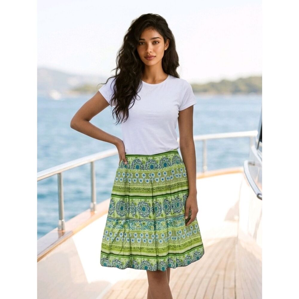AGB Green Floral Stripe Pleated A-Line Work Skirt Women's Size 6 Cotton Lined